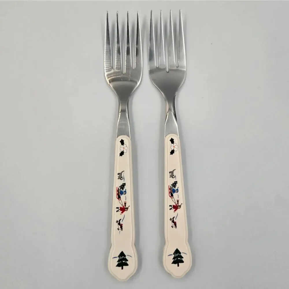Two Pfaltzgraff Snow Village Stainless Steel Salad Fork Replacements